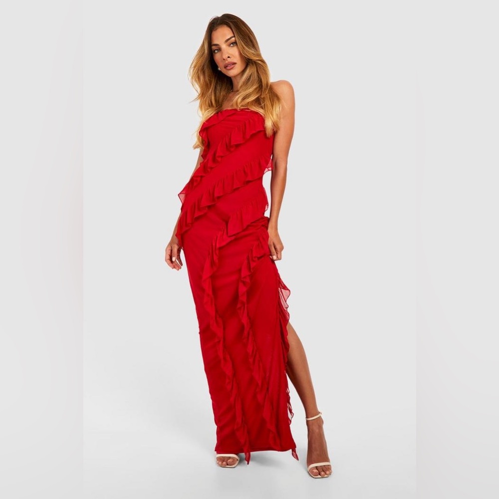 NWT Boohoo BANDEAU RUFFLE SPLIT MAXI DRESS